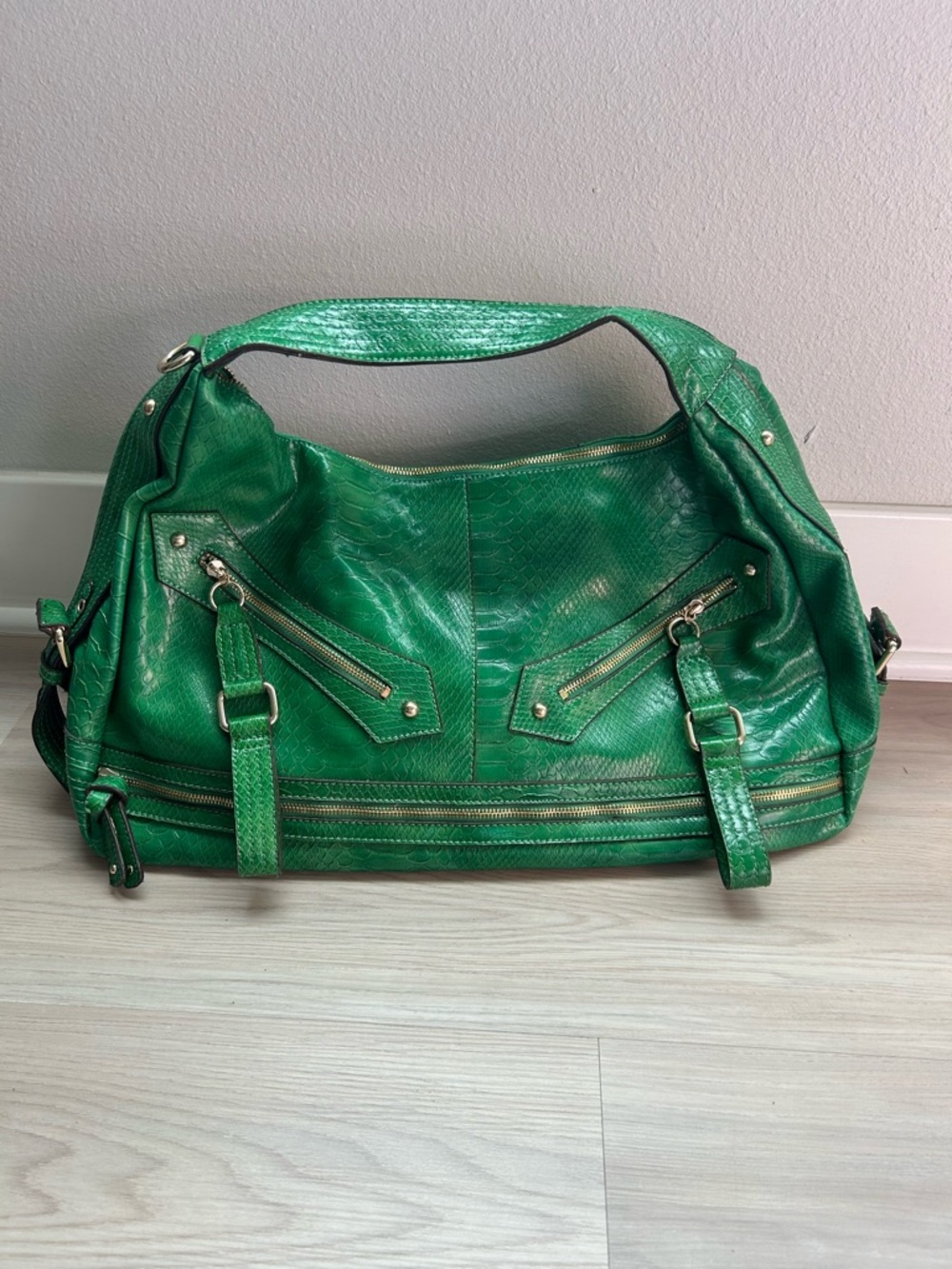 Jessica Simpson Green Snake-Embossed Shoulder Bag